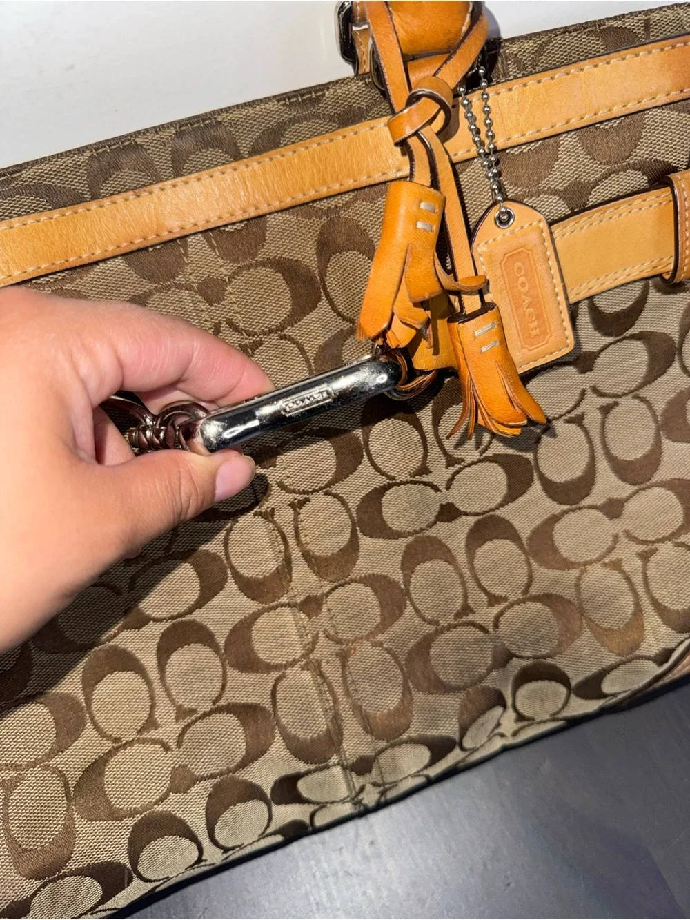 COACH Hampton Signature Jacquard Tan Satchel